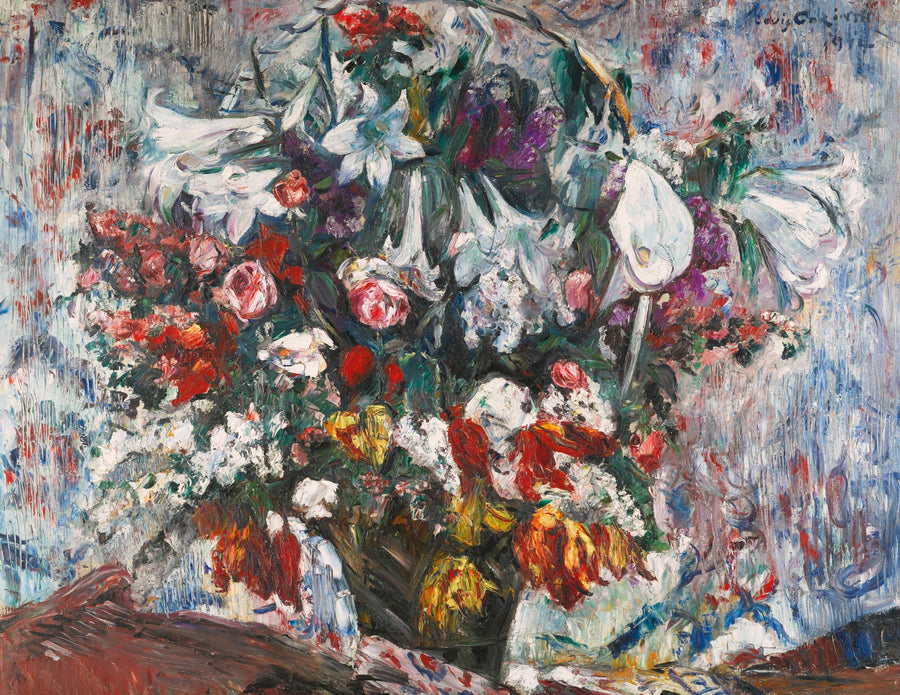 Kukkakori amaryllisillä, syreeneillä, ruusuilla ja tulppaaneilla - Lovis Corinth