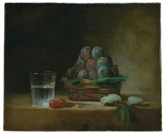 Luumu-hedelmäkori, vesilasi, kirsikat - Jean Siméon Chardin