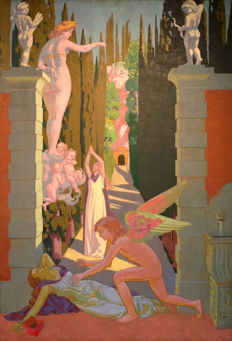 Paneeli IV. Venusille alistettuna kovimmissa koettelemuksissa, Psyche, onnettomuudekseen, taipuu toistamiseen uteliaisuuteen: tässä hädässä hänet pelastaa Rakkaus - Maurice Denis