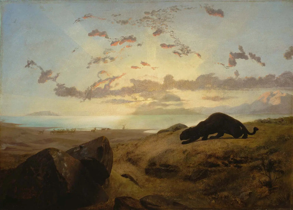 Reproduction du tableau « Panthère noire traquant un troupeau de cerfs - Jean-Léon Gérôme » par Alpha Reproduction en peinture à l’huile