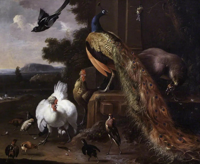 Pöllöt ja kotieläimet pihalta maisemassa - Melchior de Hondecoeter