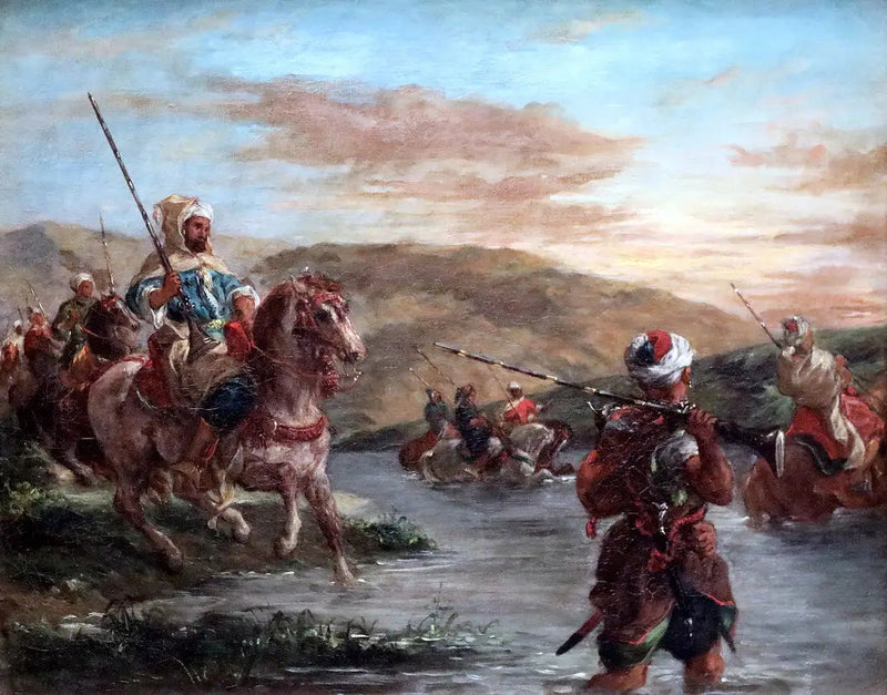 virtaavan joen ylitys Marokossa - Eugène Delacroix