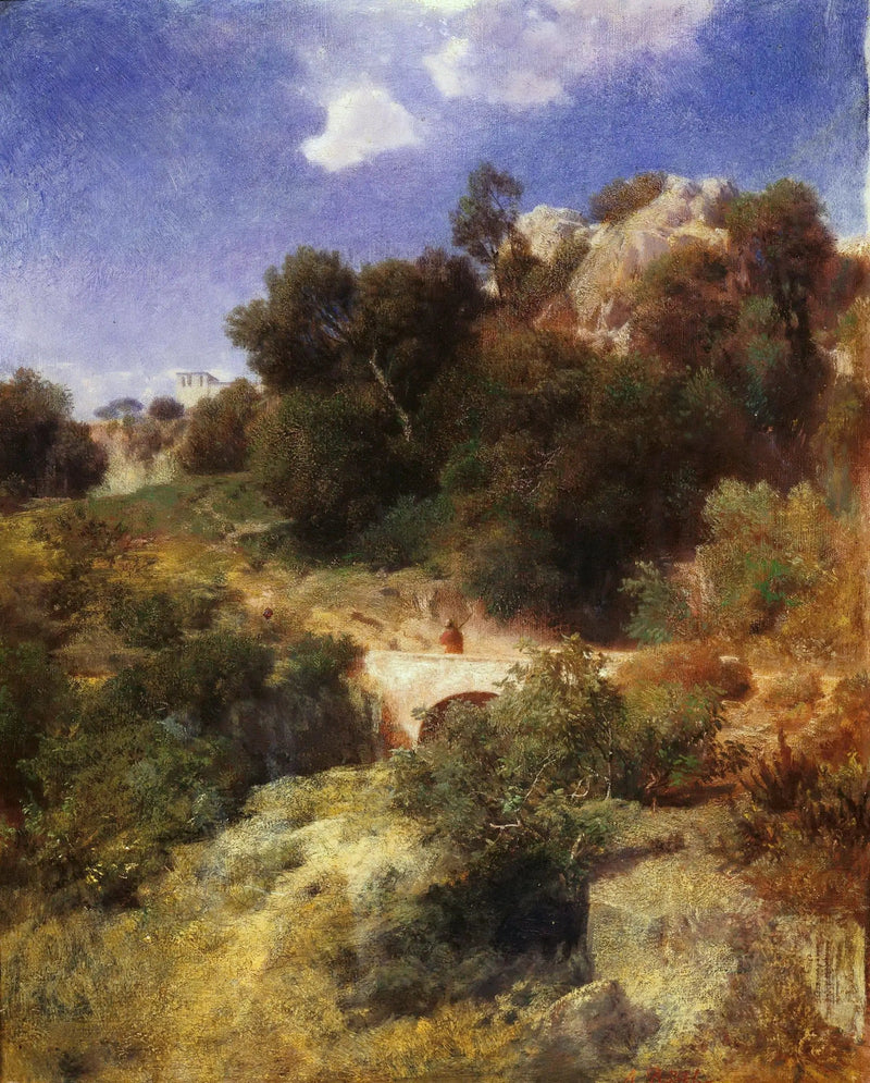 Kallioinen kukkula- ja vuoristomaisema joella - Arnold Böcklin