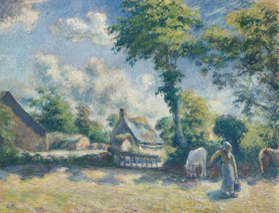 Mellerayn maisema, nainen antamassa juotavaa hevosille - Camille Pissarro