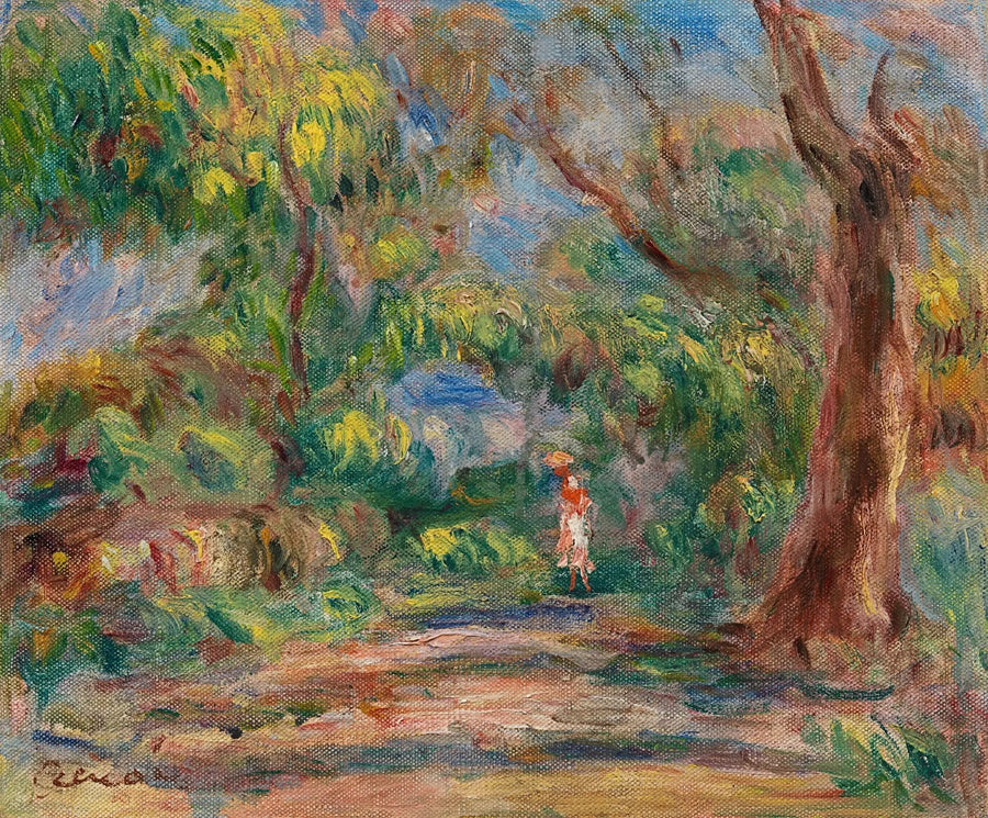Maisema, maalaistie nainen punaisessa ja valkoisessa - Pierre-Auguste Renoir