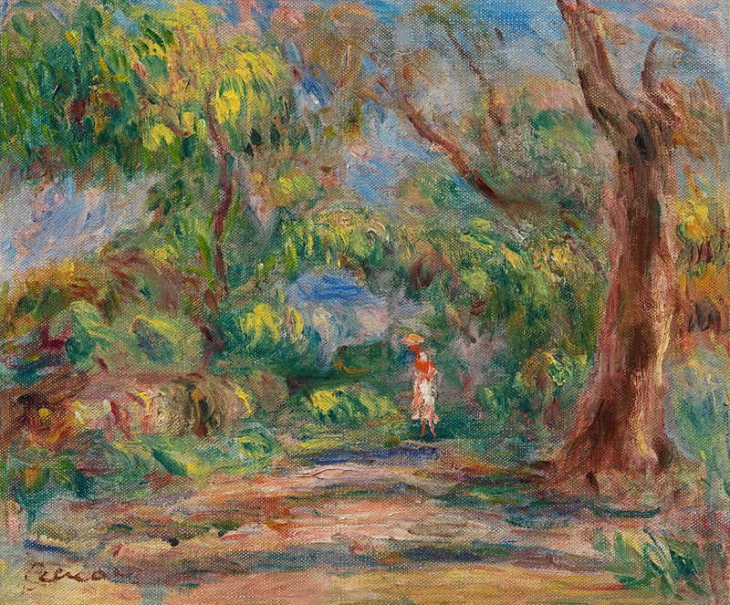 Maisema, maalaistie nainen punaisessa ja valkoisessa - Pierre-Auguste Renoir