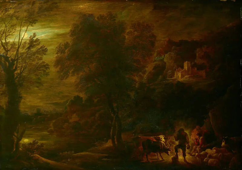 Kuunvalossa oleva maisema paimenineen tulen äärellä - David Teniers nuorempi