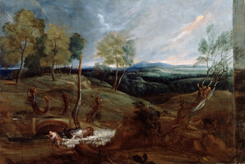 Auringonlaskun maisema paimenella ja hänen laumallaan - Antoine van Dyck