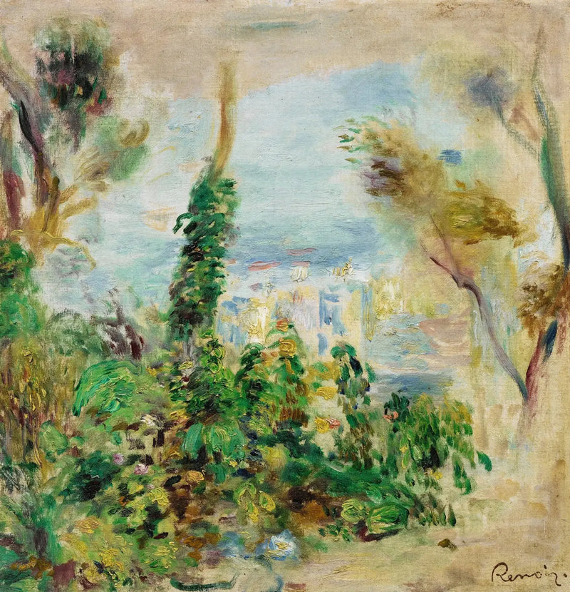 Maisema, etualalla kiipeileviä kukkia, taustalla taloja - Pierre-Auguste Renoir