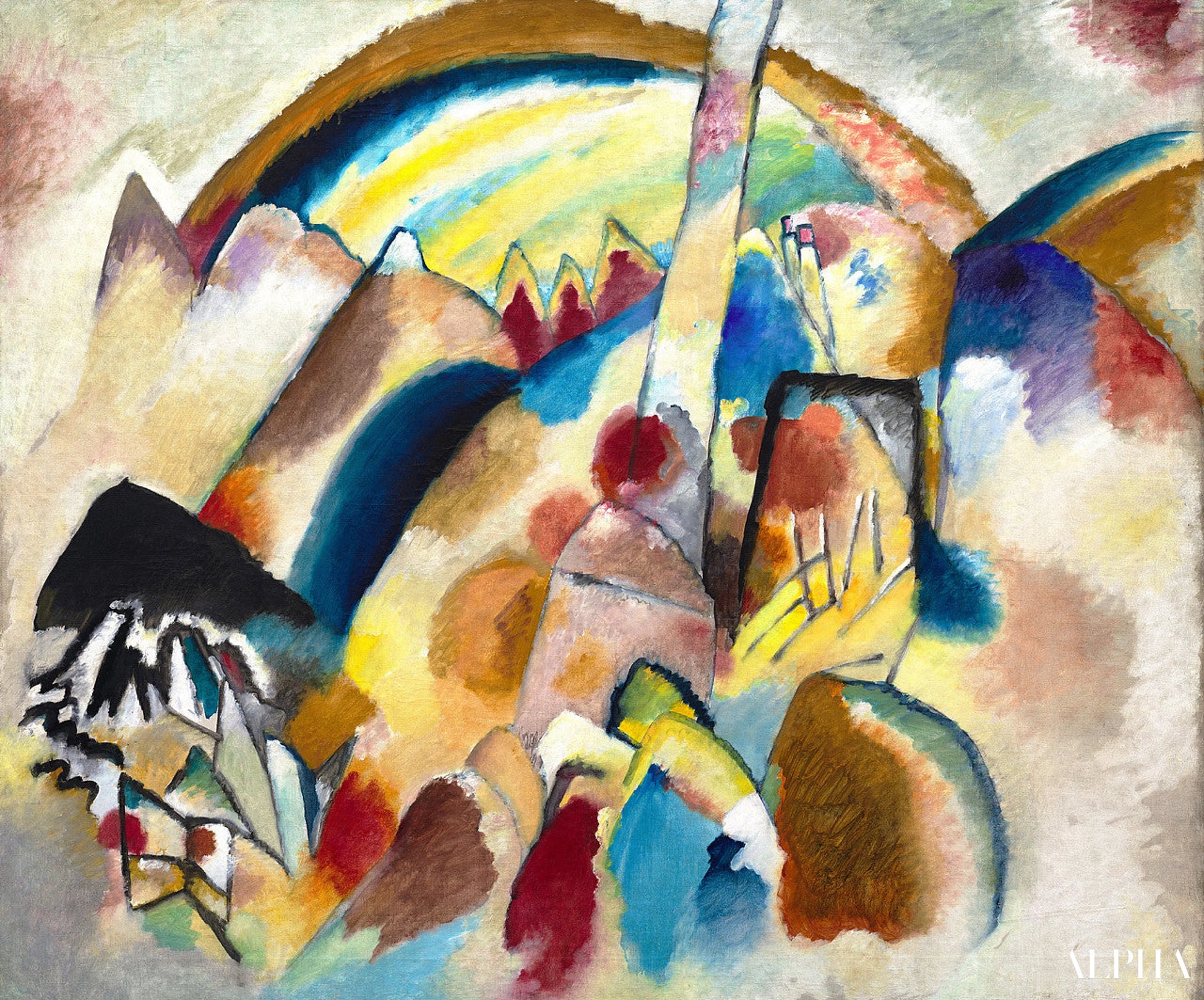 Maisema kahdella punaisella läiskällä - Vassily Kandinsky - Taulujen ja korkealaatuisten maalauksien reproduktiot