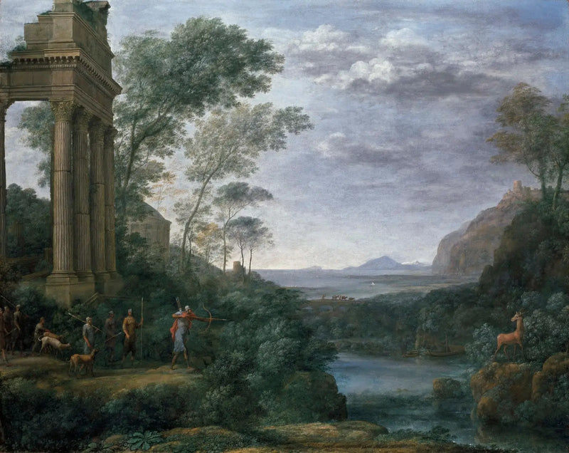Maisema Ascagne alasampumassa hirven - Claude Lorrain