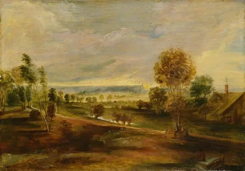 Maisemakuva maatalousrakennuksilla auringonlaskussa - Peter Paul Rubens