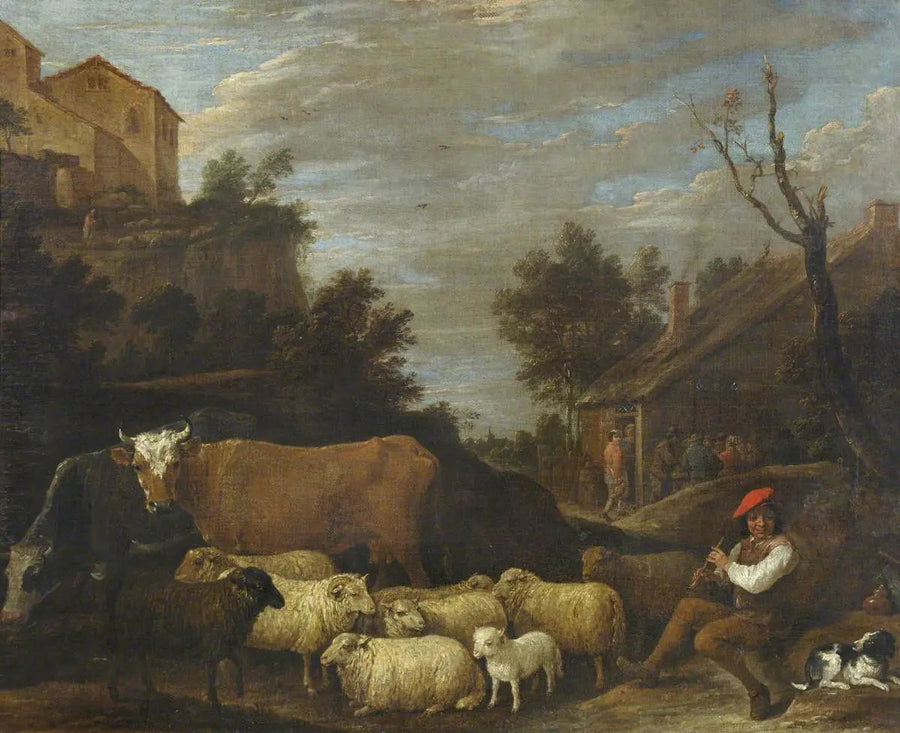 Maisemakuva karjan ja lampaiden kanssa - David Teniers nuorempi