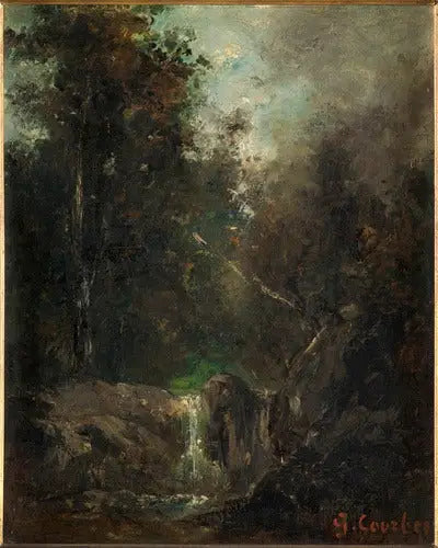 Maisemakuva vesiputouksen kanssa - Gustave Courbet