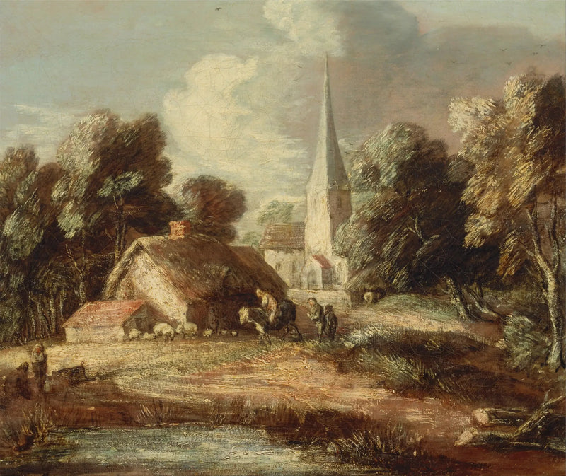 Maisemakuva mökin ja kirkon kanssa - Thomas Gainsborough