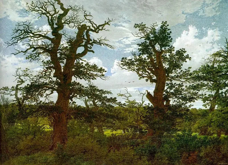Maisema tammien ja metsästäjän kanssa - Caspar David Friedrich