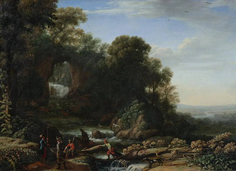 Maisema vesiputouksen ja metsästäjien kanssa - Claude Lorrain