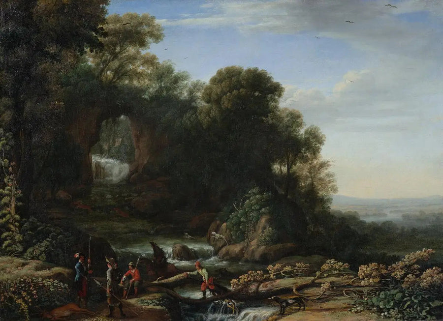 Maisema vesiputouksen ja metsästäjien kanssa - Claude Lorrain