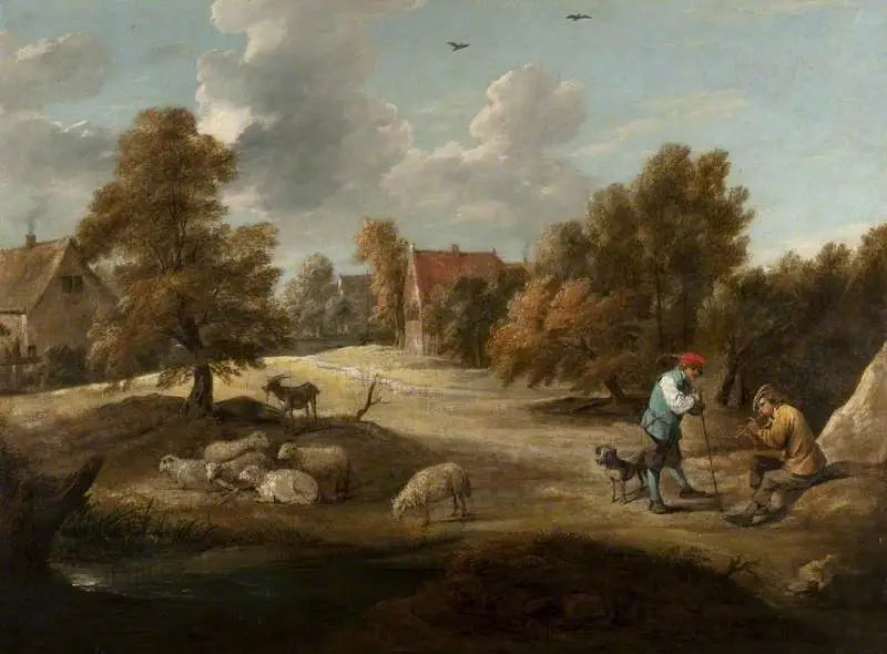 Maisema paimenilla kylän ulkopuolella - David Teniers nuorempi