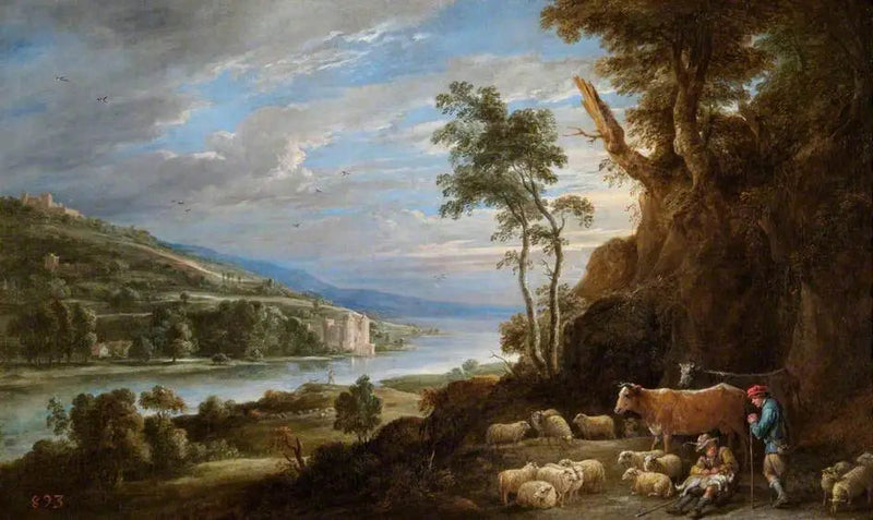 Maisema lampaiden kanssa ja kaukainen näköala linnasta - David Teniers nuorempi