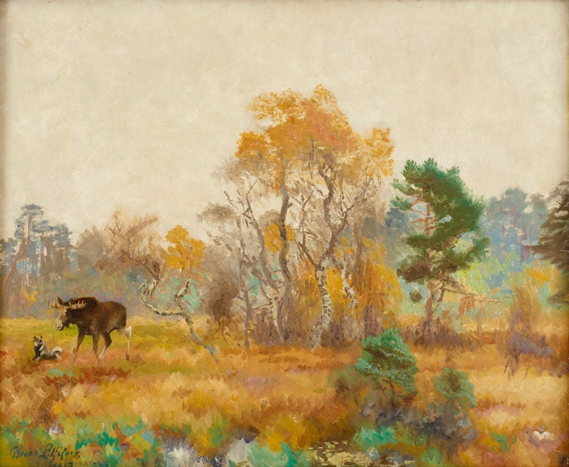 Maisema hirven (Alces alces) ja norjalaisen hirvikoiran kanssa - Bruno Liljefors
