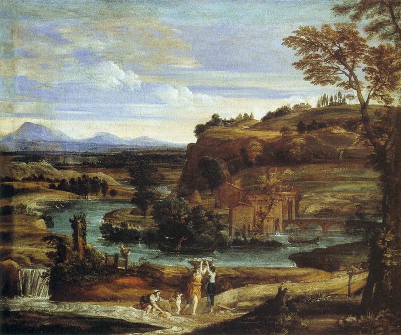 Maisema pesukoneiden ja viiniä kaatavan lapsen kanssa - Domenichino
