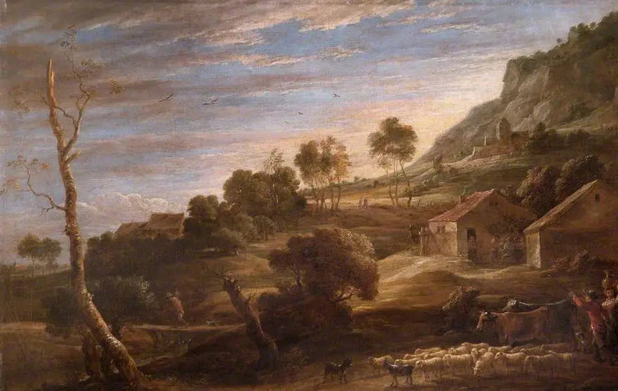 Maisema maatilalaisineen karjaa paimentamassa: Ilta - David Teniers nuorempi