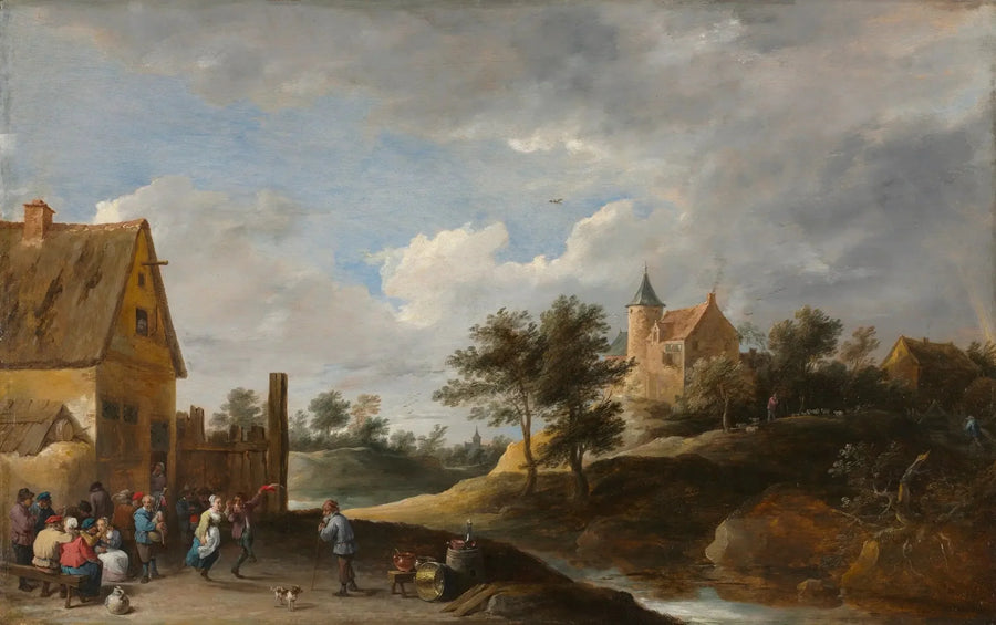 Maisemakuva, jossa tanssivia maanviljelijöitä - David Teniers nuorempi