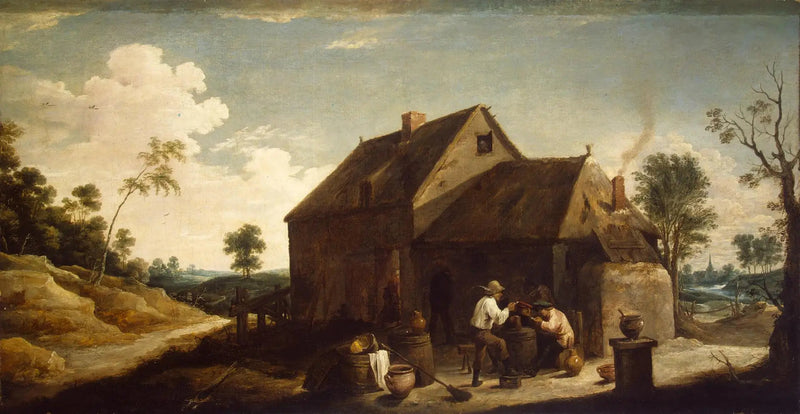 Maisemakuva maatilalaisineen edessään majatalon - David Teniers nuorempi