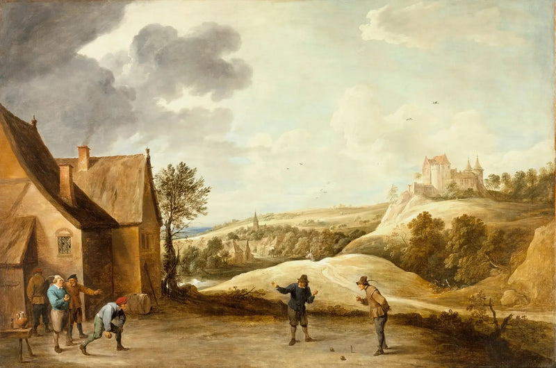Maisemakuva, jossa maanviljelijät pelaavat bouleja ravintolan edessä - David Teniers nuorempi