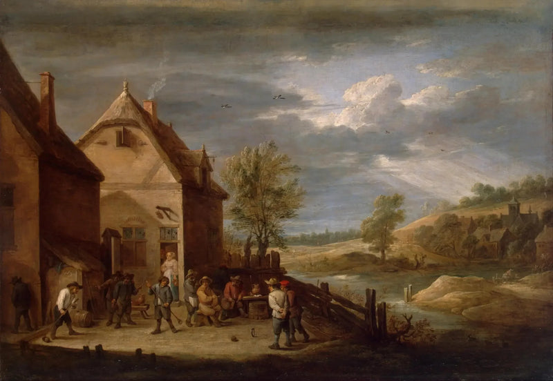 Maisemakuva, jossa maatilalaiset pelaavat keilapeliä - David Teniers nuorempi