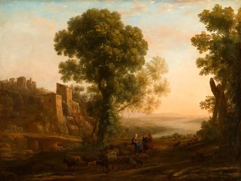 Maisemakuva, jossa maanviljelijät palaavat laumoineen - Claude Lorrain