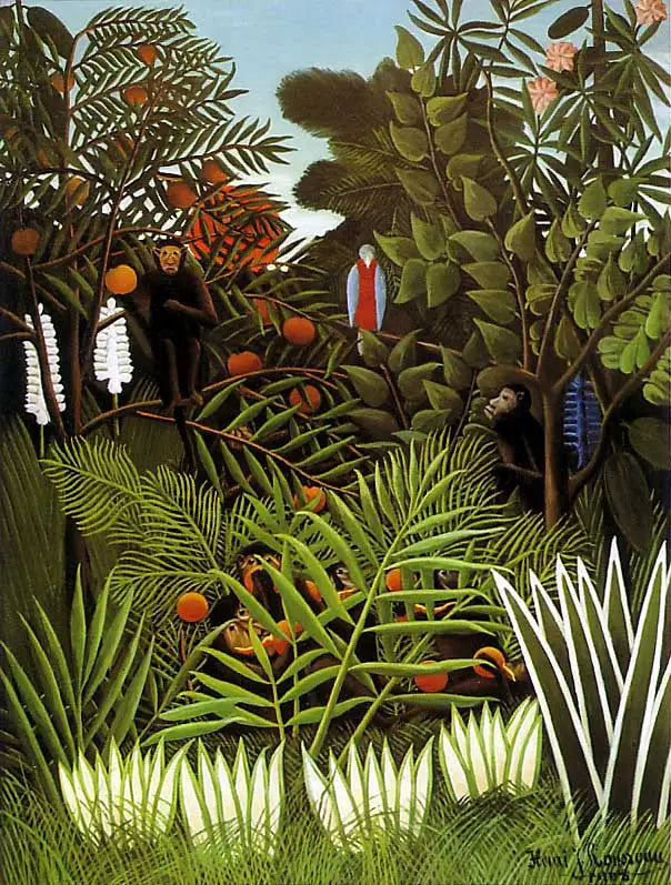 Maisema eksoottisilla apinoilla ja papukaijalla - Henri Rousseau