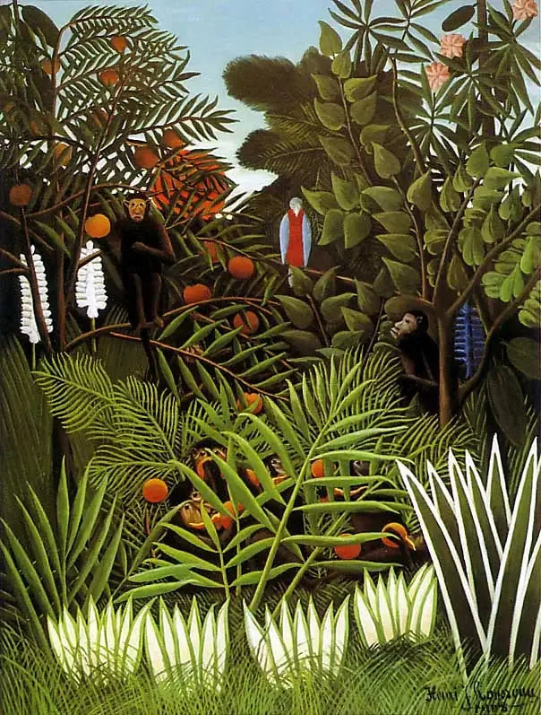 Maisema eksoottisilla apinoilla ja papukaijalla - Henri Rousseau