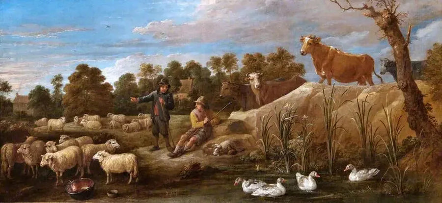 Maisema kahdella paimenella, karjaa ja ankkoja - David Teniers nuorempi
