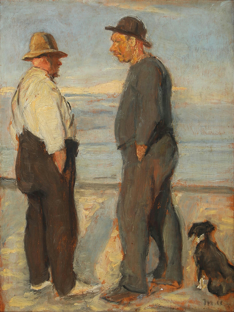 Maisema, jossa kaksi kalastajaa rannalla, Skagen. - Michael Peter Ancher