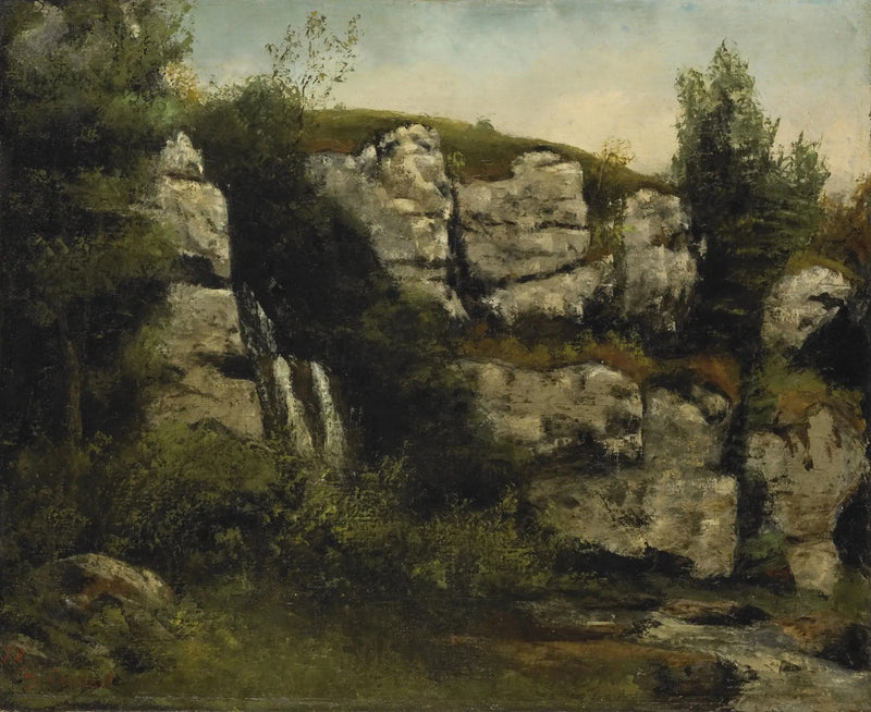 Maisemakuva jyrkänneistä ja vesiputouksesta - Gustave Courbet