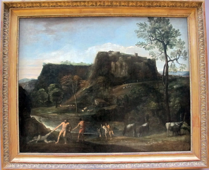 Maisemakuva, jossa Hercules vetää Cacus'n luolastaan - Domenichino