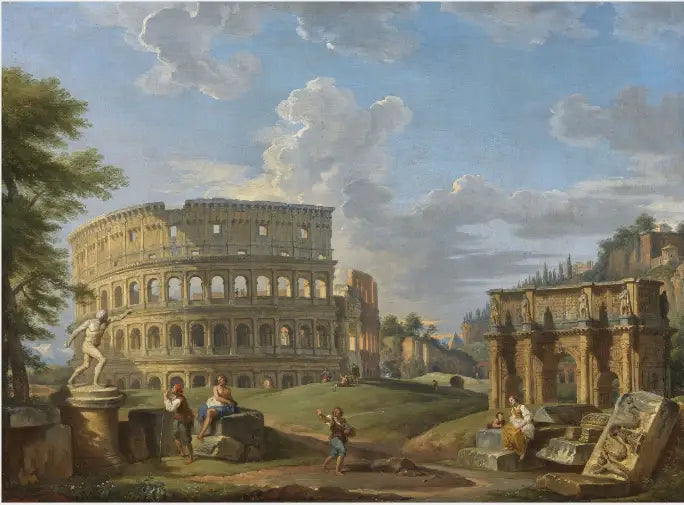 Maisemakuva Colosseumin ja Constantinuksen kaaren kanssa, Rooma - Giovanni Paolo Panini