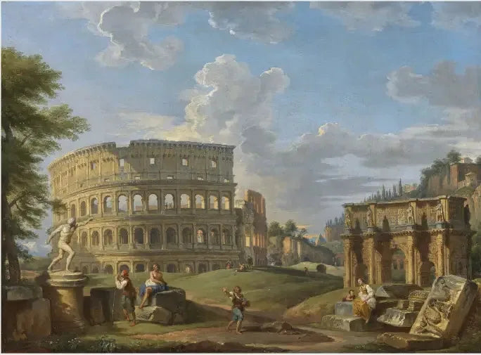 Maisemakuva Colosseumin ja Constantinuksen kaaren kanssa, Rooma - Giovanni Paolo Panini