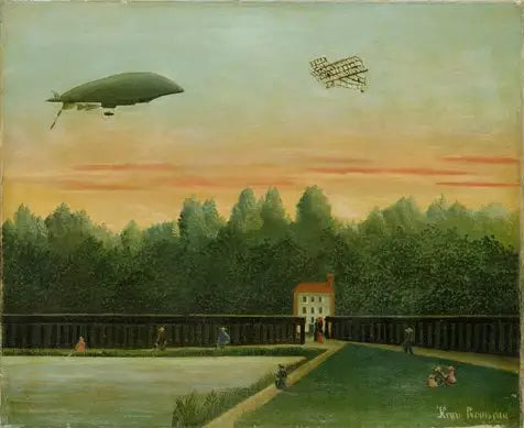 Maisema höyrykoneella, joka on nimeltään République, ja Wrightin lentokone - Henri Rousseau