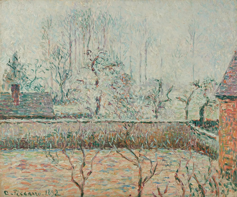 Maisema taloineen ja muurineen, sumu ja huurre, Éragny - Camille Pissarro