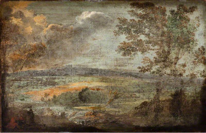 Maisemakuva hahmojen kanssa joen rannalla - Annibale Carracci