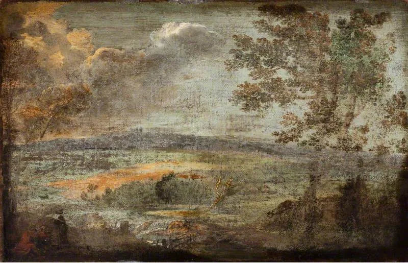 Maisemakuva hahmojen kanssa joen rannalla - Annibale Carracci