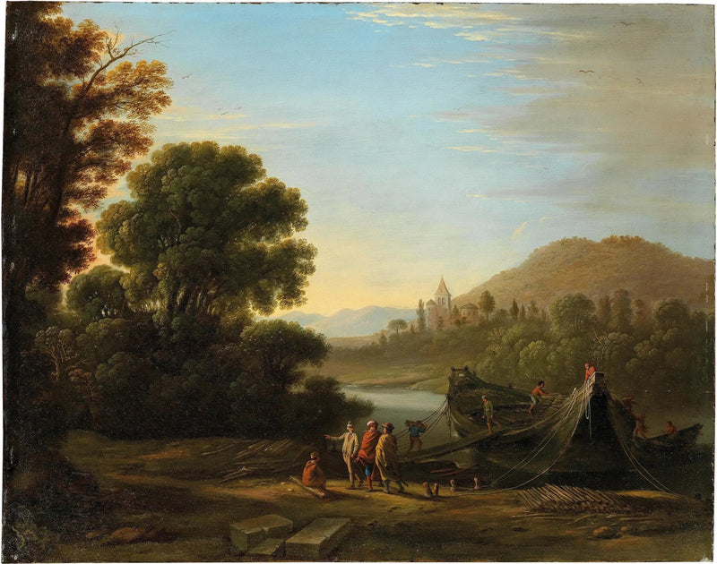 Maisema ihmishahmoilla, jotka lastaavat puuta veneeseen - Claude Lorrain