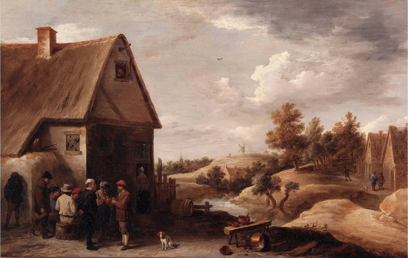 Maisema ihmisten kanssa talon edessä, jonka katto on olki - David Teniers nuorempi