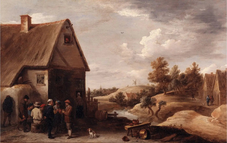 Maisema ihmisten kanssa talon edessä, jonka katto on olki - David Teniers nuorempi