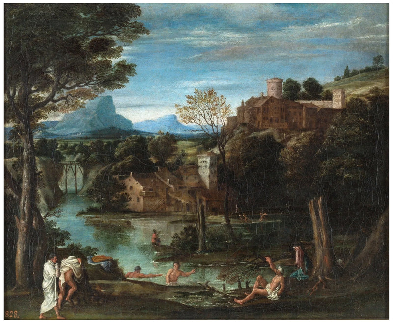 Maisemakuva joen ja uimareiden kanssa - Annibale Carracci