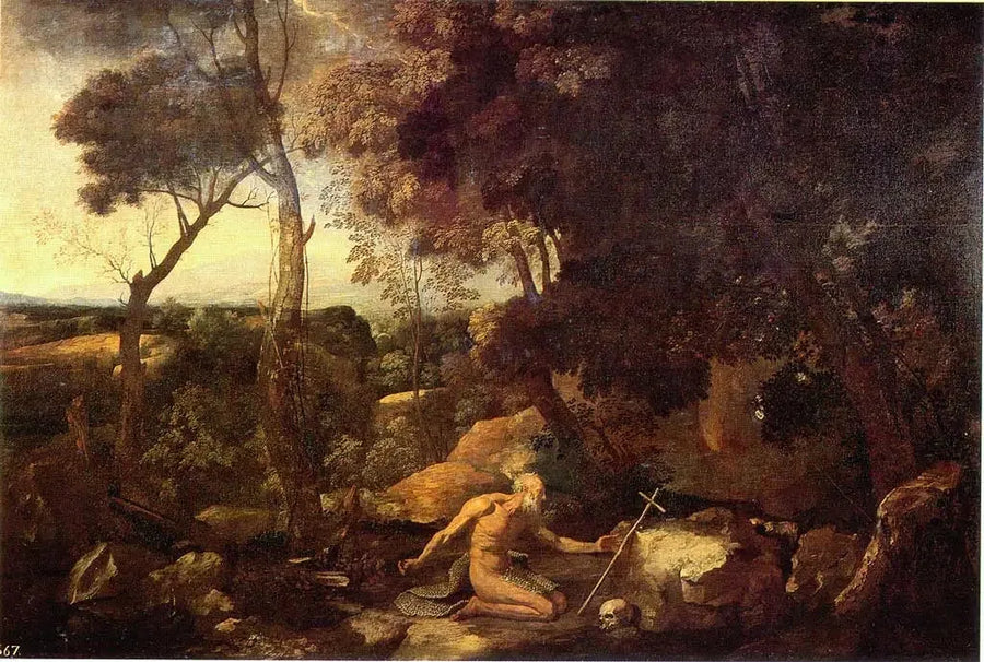 Maisemakuva Pyhän Paavalin erakkomunkin kanssa - Nicolas Poussin