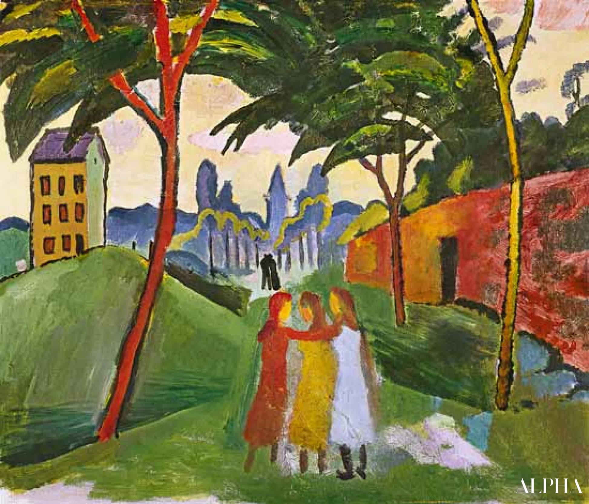 Maisema kolmen tytön kanssa - August Macke - Korkealaatuiset taulujen ja maalauksien reproduktiot
